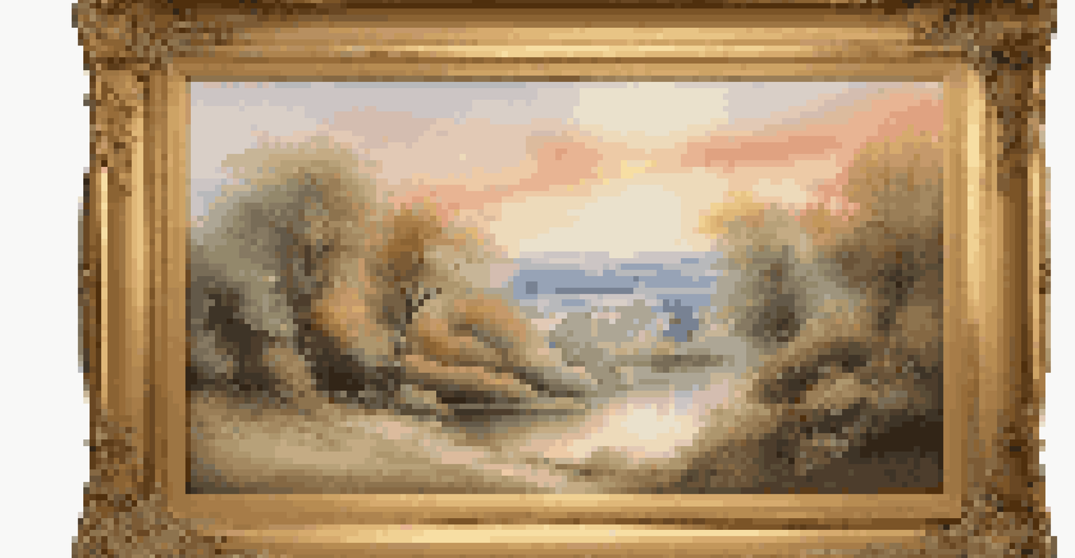 Close-up of a classic painting in an ornate gold frame, showcasing a serene landscape with vibrant colors.