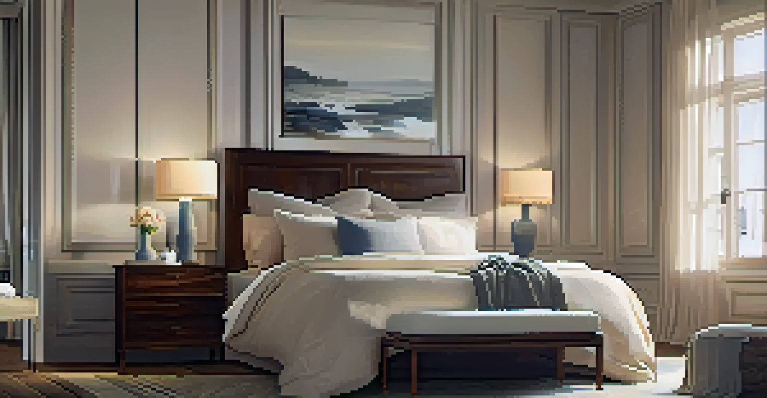 A cozy bedroom with a light bedspread on a dark bed frame, soft pillows, and a warm bedside lamp.