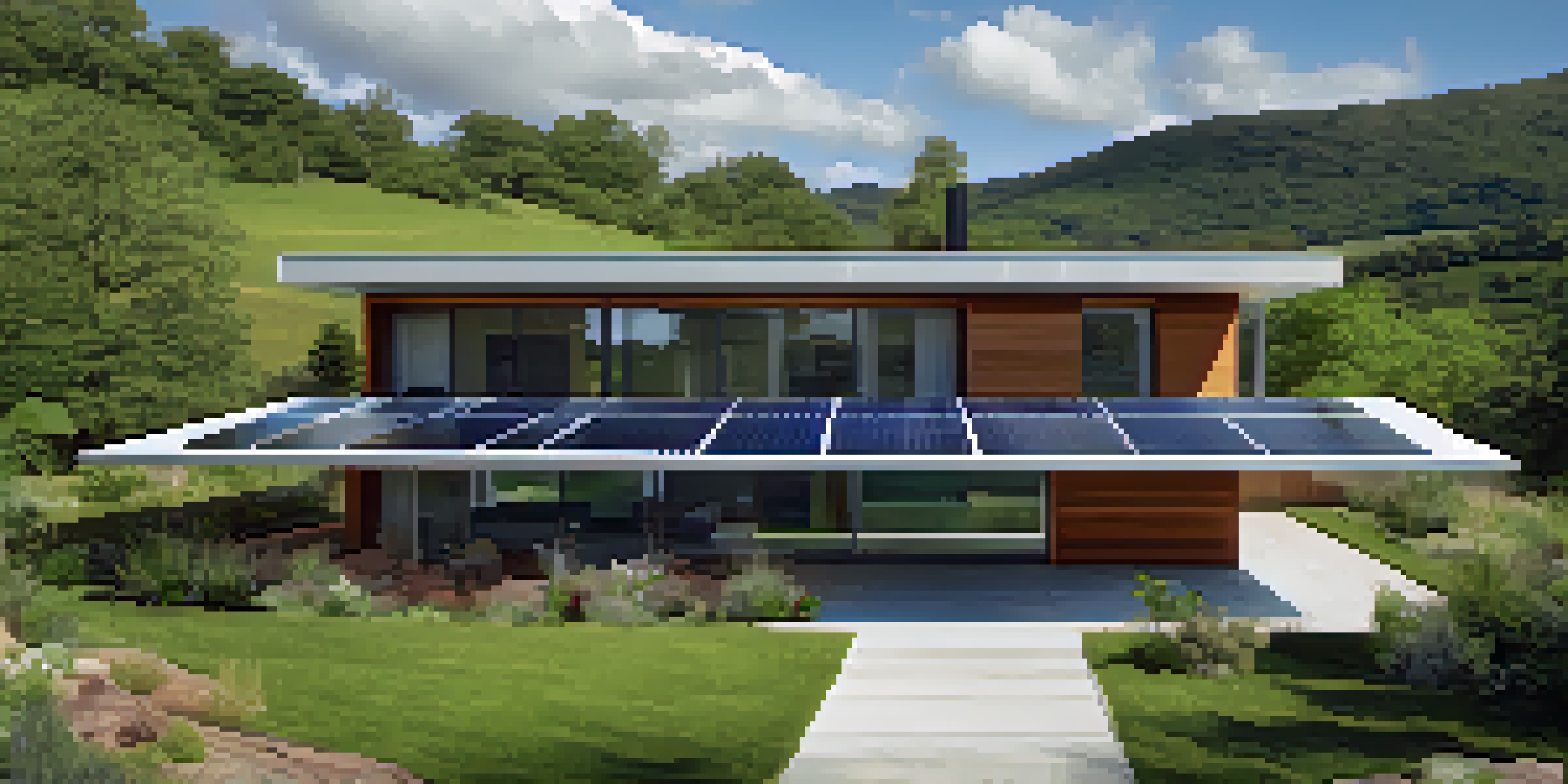 A modern eco-friendly house with solar panels, energy-efficient windows, and rainwater harvesting systems, surrounded by green landscaping and hills.