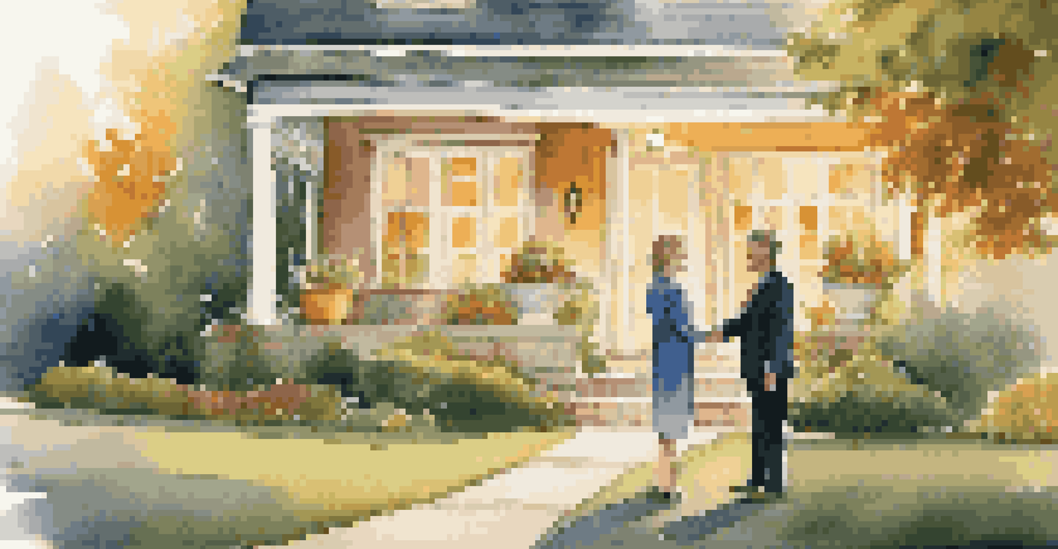 A real estate agent and a couple shaking hands in front of a beautiful house during sunset.