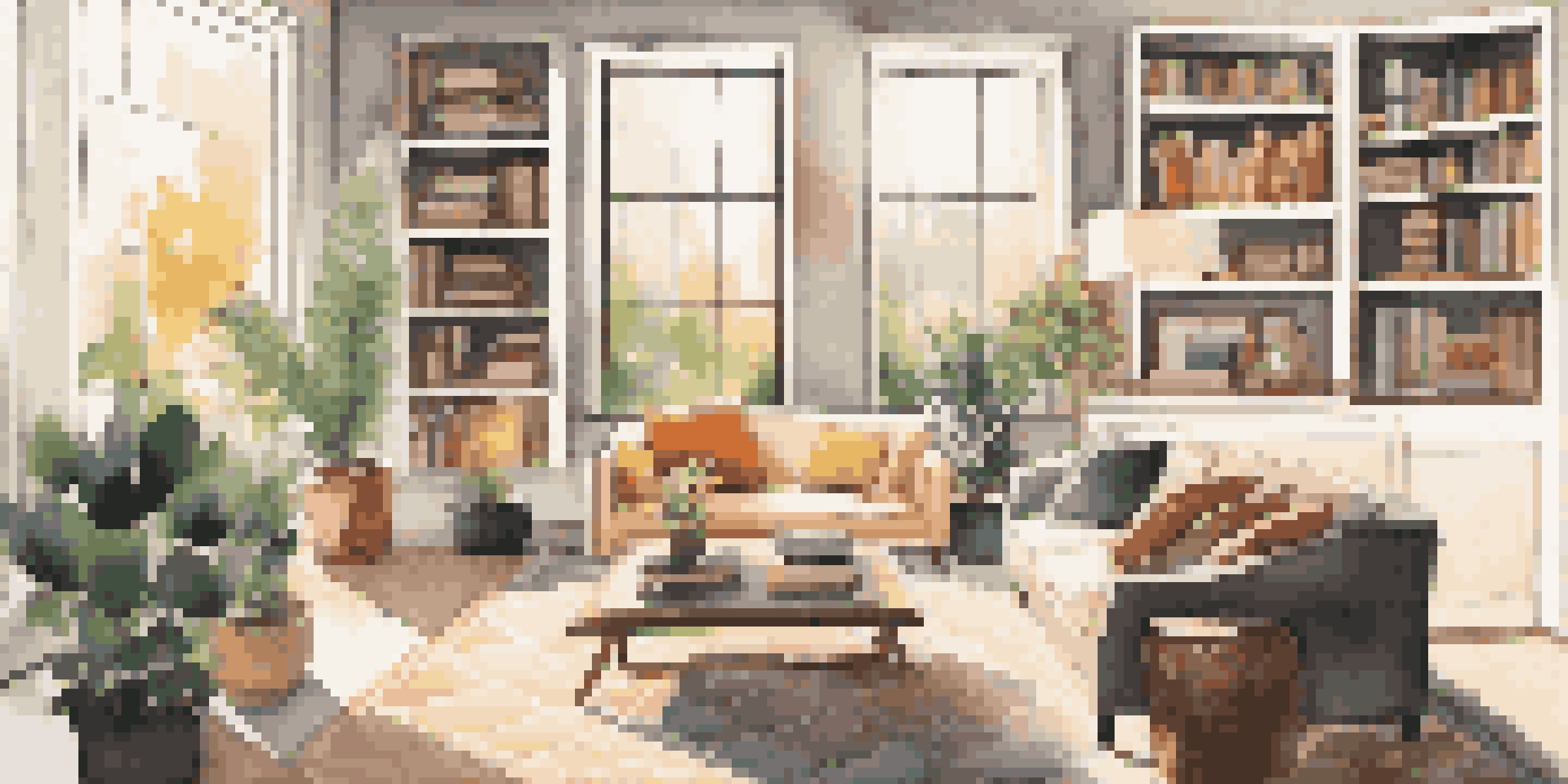 A modern living room with a sofa, coffee table, and large window overlooking a garden.