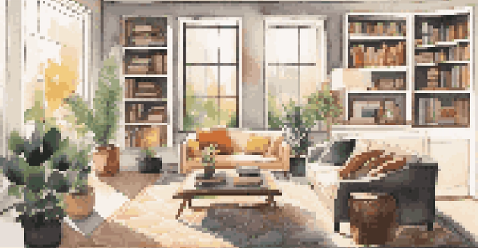 A modern living room with a sofa, coffee table, and large window overlooking a garden.