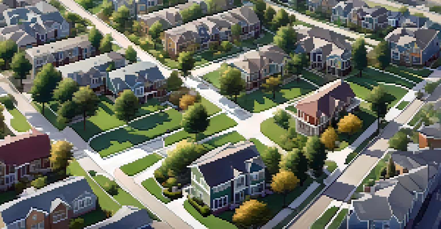 An aerial view of a neighborhood showcasing residential homes, parks, and commercial areas under bright sunlight.