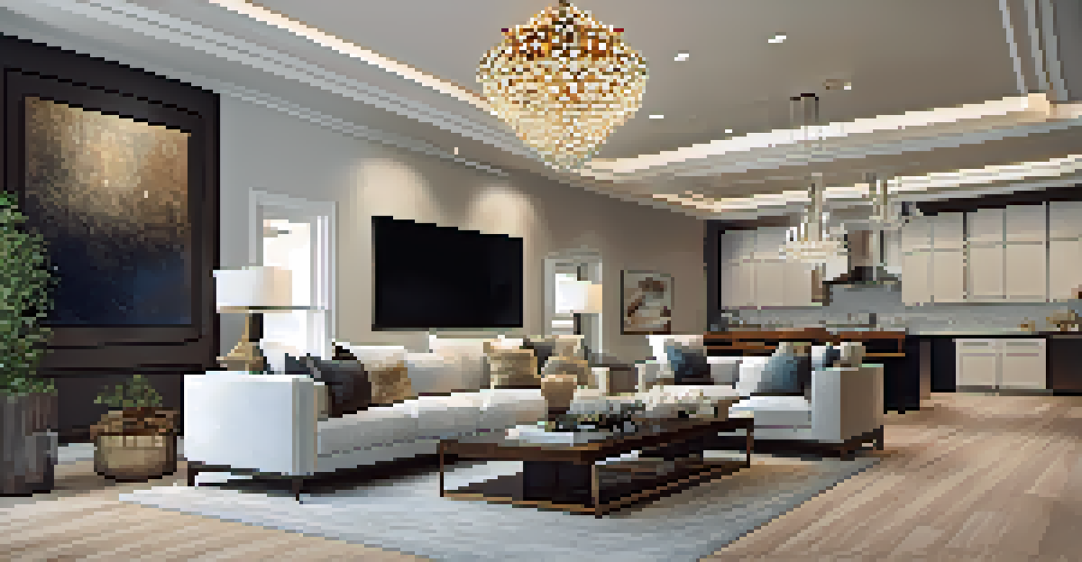 An oversized modern chandelier in an open concept living area, surrounded by stylish furniture and artwork.