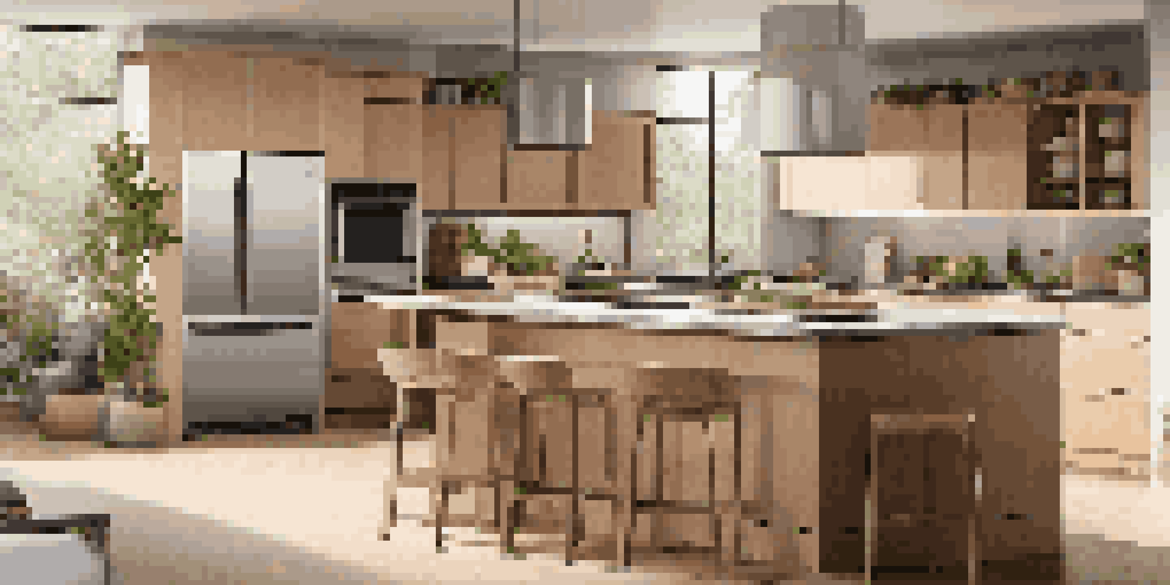 A contemporary kitchen with an energy-efficient refrigerator, smart oven, and natural light illuminating the space, featuring a countertop herb garden.