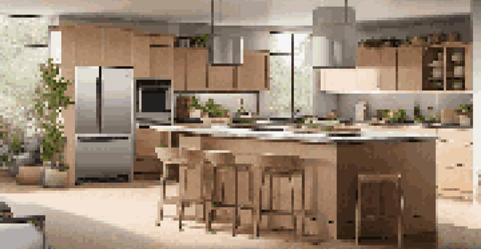 A contemporary kitchen with an energy-efficient refrigerator, smart oven, and natural light illuminating the space, featuring a countertop herb garden.