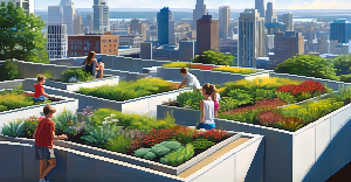 A family enjoying a tranquil green roof garden atop a modern building, surrounded by various plants under a bright blue sky.