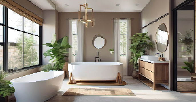 A modern bathroom with a freestanding soaking tub, large windows, and stylish fixtures, featuring a soft white and earthy color scheme with plants.