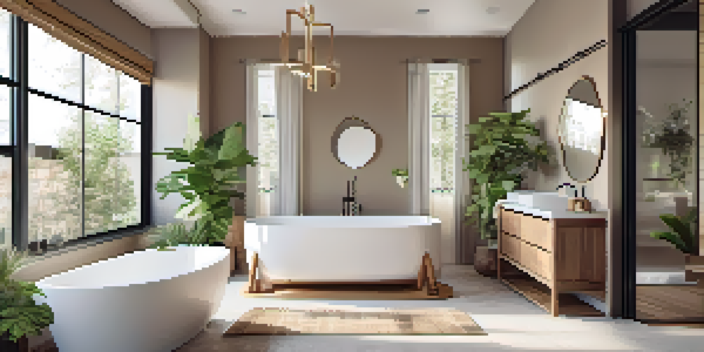 A modern bathroom with a freestanding soaking tub, large windows, and stylish fixtures, featuring a soft white and earthy color scheme with plants.