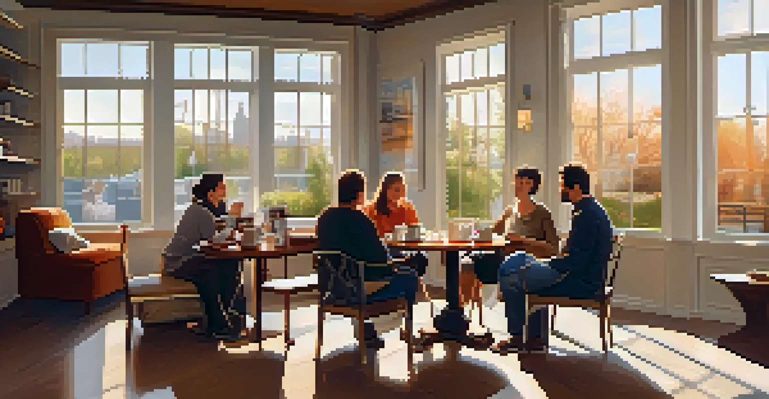 A warm communal lounge where tenants enjoy coffee and pastries together, illuminated by sunlight streaming through windows.