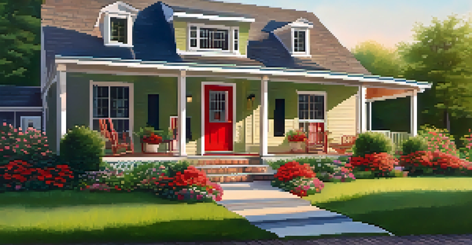 A charming vacation rental with a red door and porch, surrounded by green grass and vibrant flowers in soft sunlight.