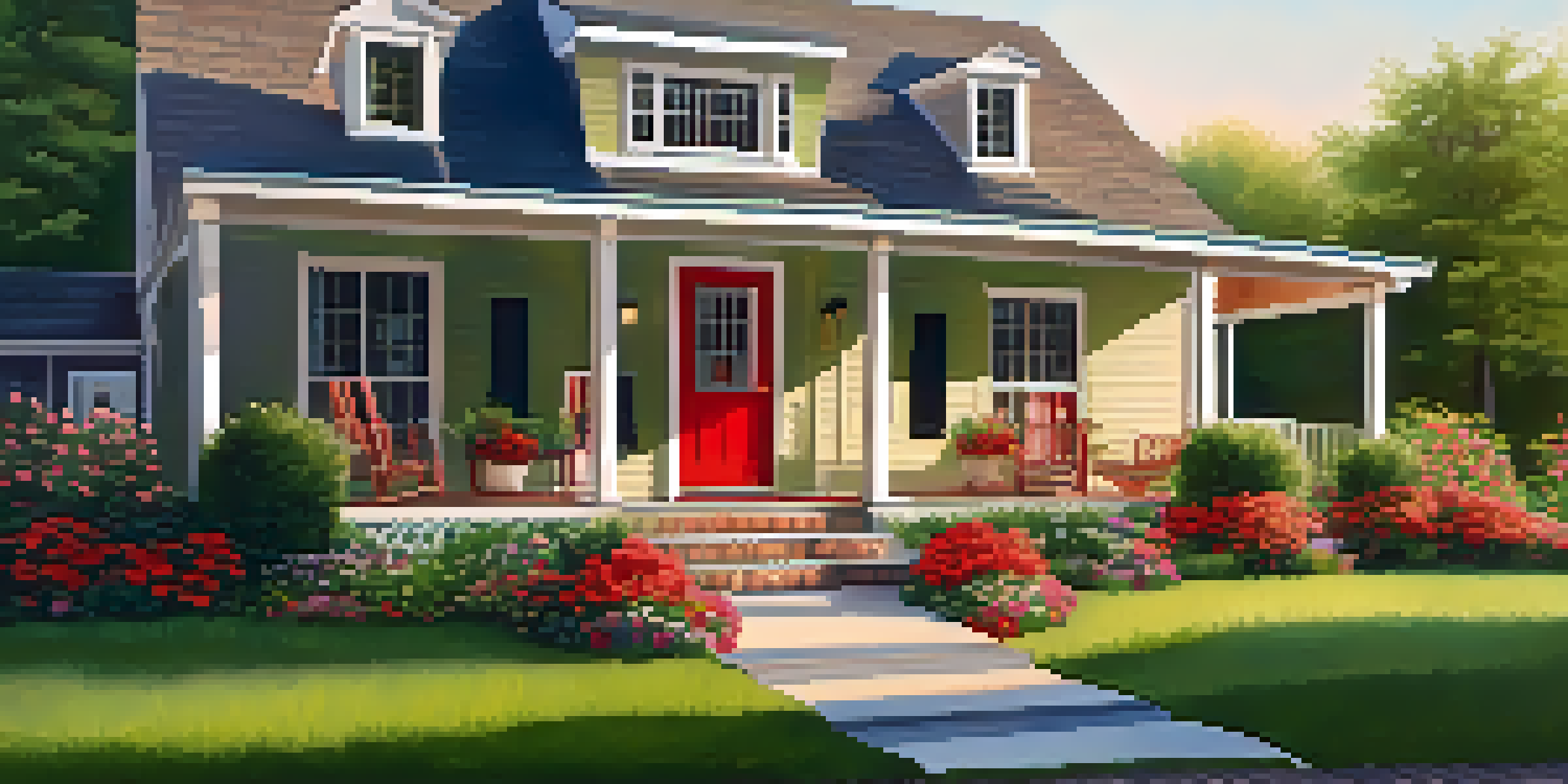 A charming vacation rental with a red door and porch, surrounded by green grass and vibrant flowers in soft sunlight.