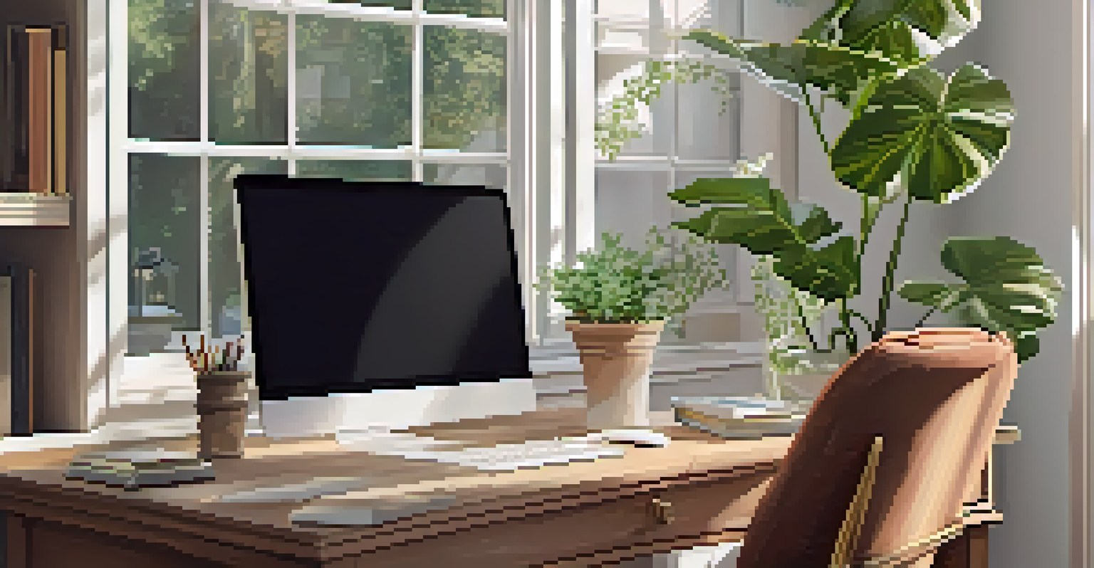 A cozy home office with natural light, a stylish desk, and a view of a garden.