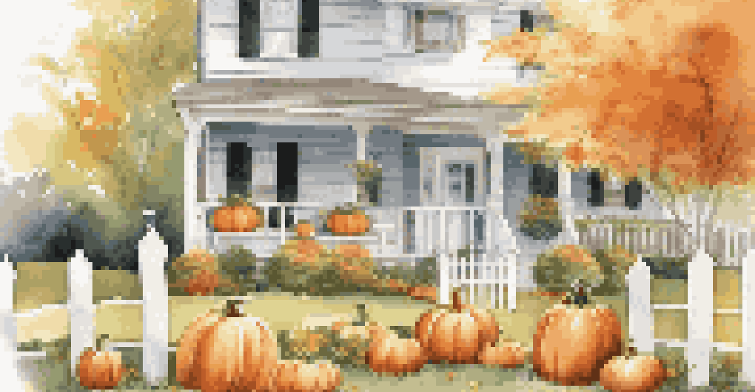 A digital outdoor display showing autumn decorations with a charming house and picket fence in the background, illuminated by bright sunlight.