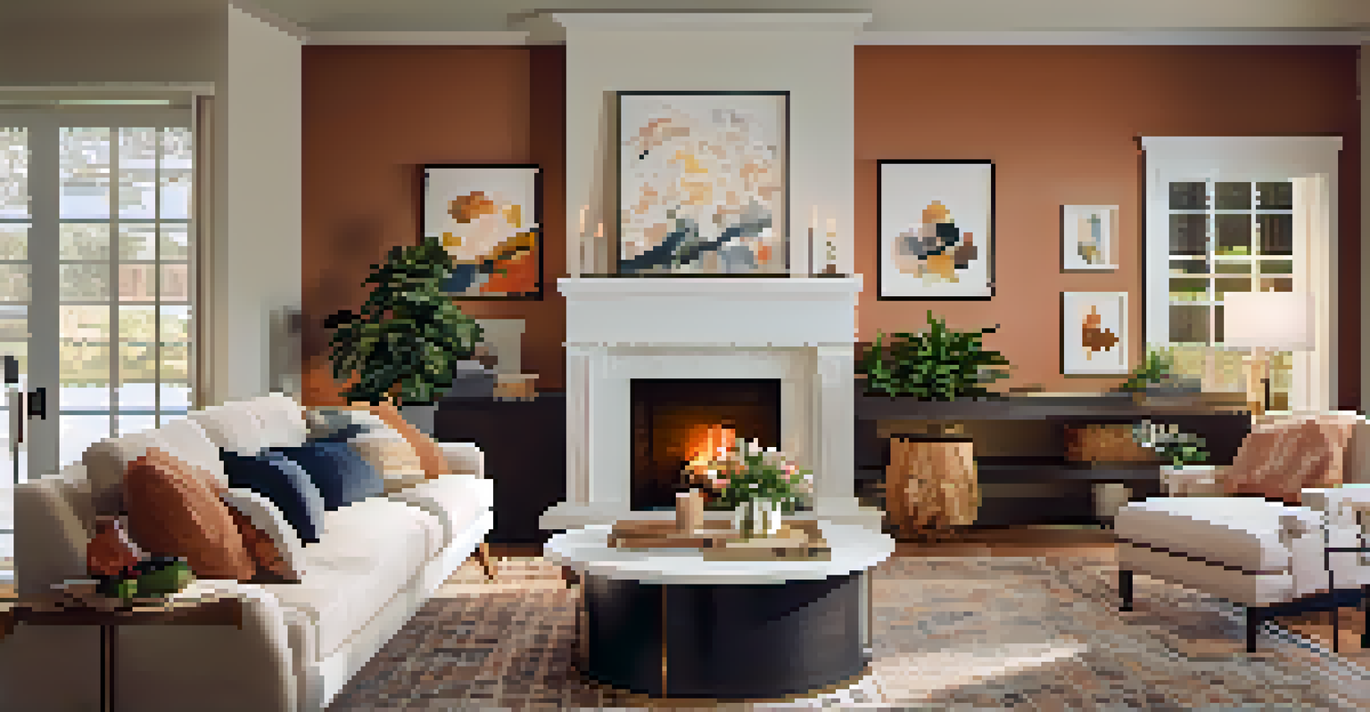 A happy family in a renovated living room with modern decor and a fireplace, celebrating their home improvement.