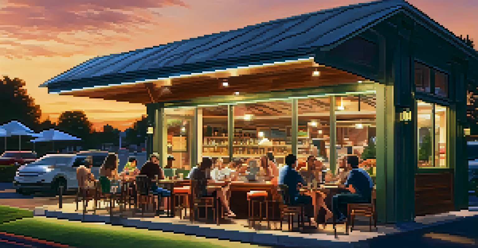 An outdoor coffee shop with patrons under smart lighting that changes brightness, set against a picturesque sunset.