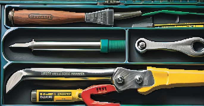 A close-up view of a toolbox containing a hammer, screwdrivers, and measuring tape, all arranged neatly.