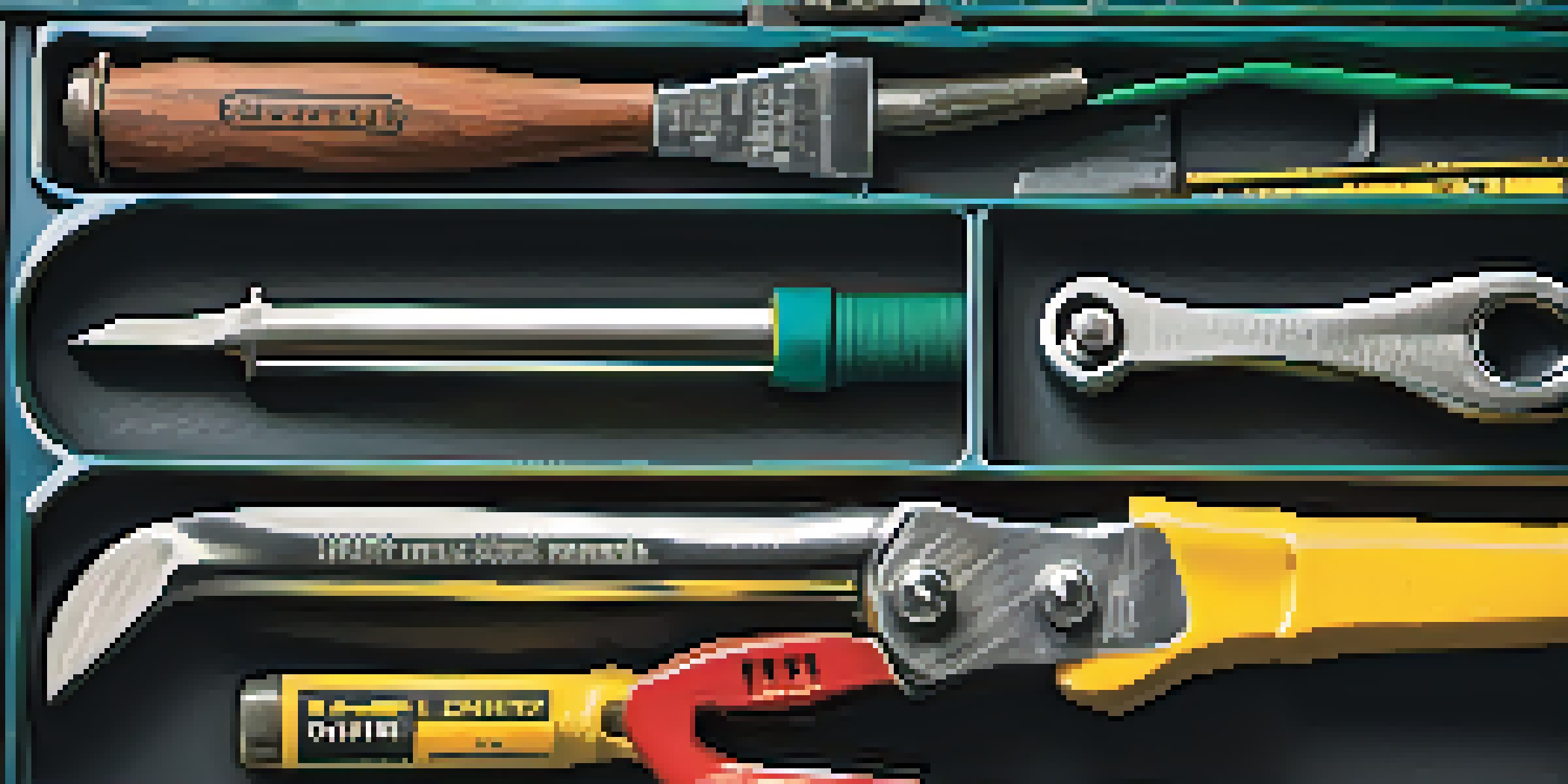 A close-up view of a toolbox containing a hammer, screwdrivers, and measuring tape, all arranged neatly.