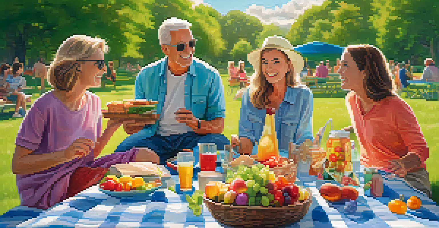 A multi-generational family enjoying a picnic outdoors with food preparation and games.