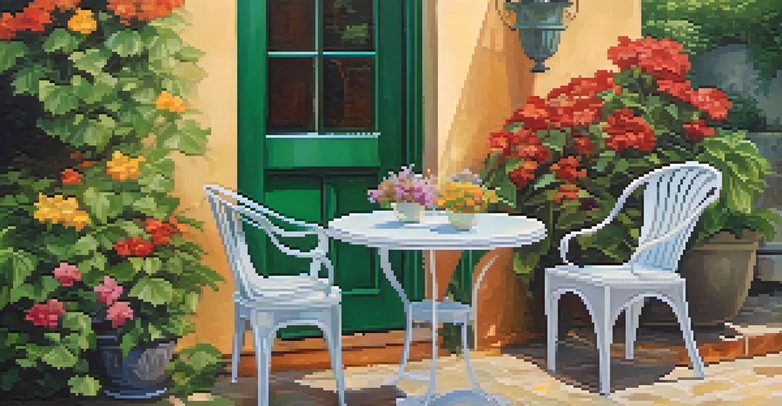 A peaceful outdoor patio with a table set for two, surrounded by greenery and colorful flowers, creating a tranquil setting.