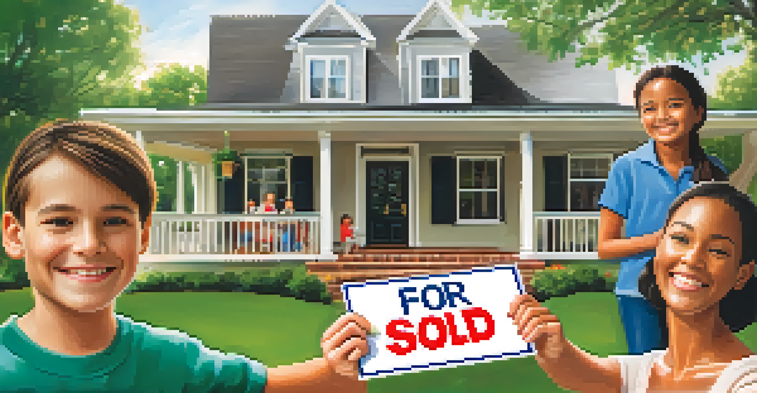 A home buyer holding a 'Sold' sign in front of a house, with family members celebrating.