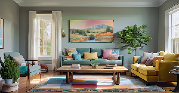 A bright and inviting living room filled with sunlight, featuring a comfortable sofa and decorative elements.