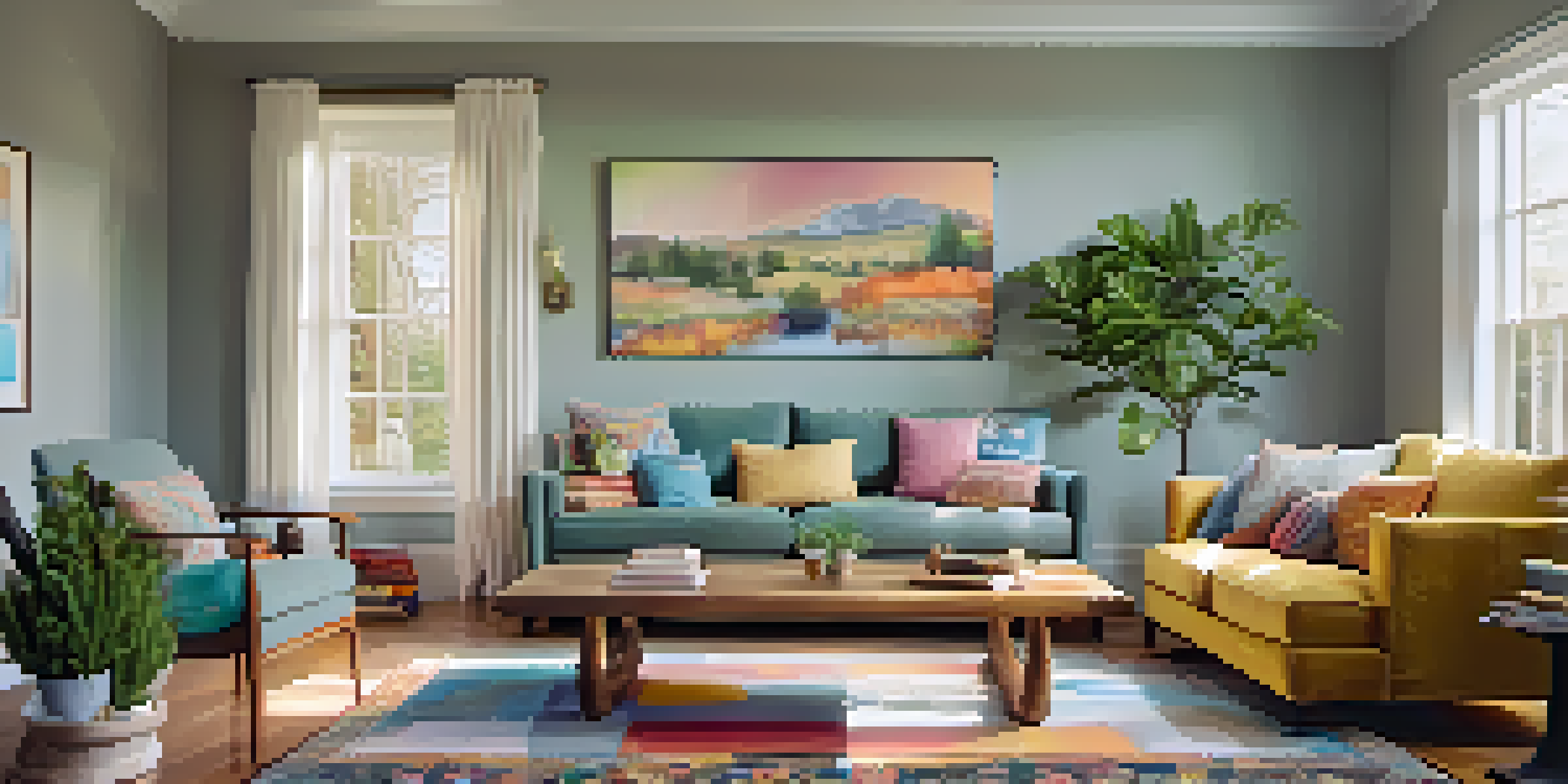 A bright and inviting living room filled with sunlight, featuring a comfortable sofa and decorative elements.