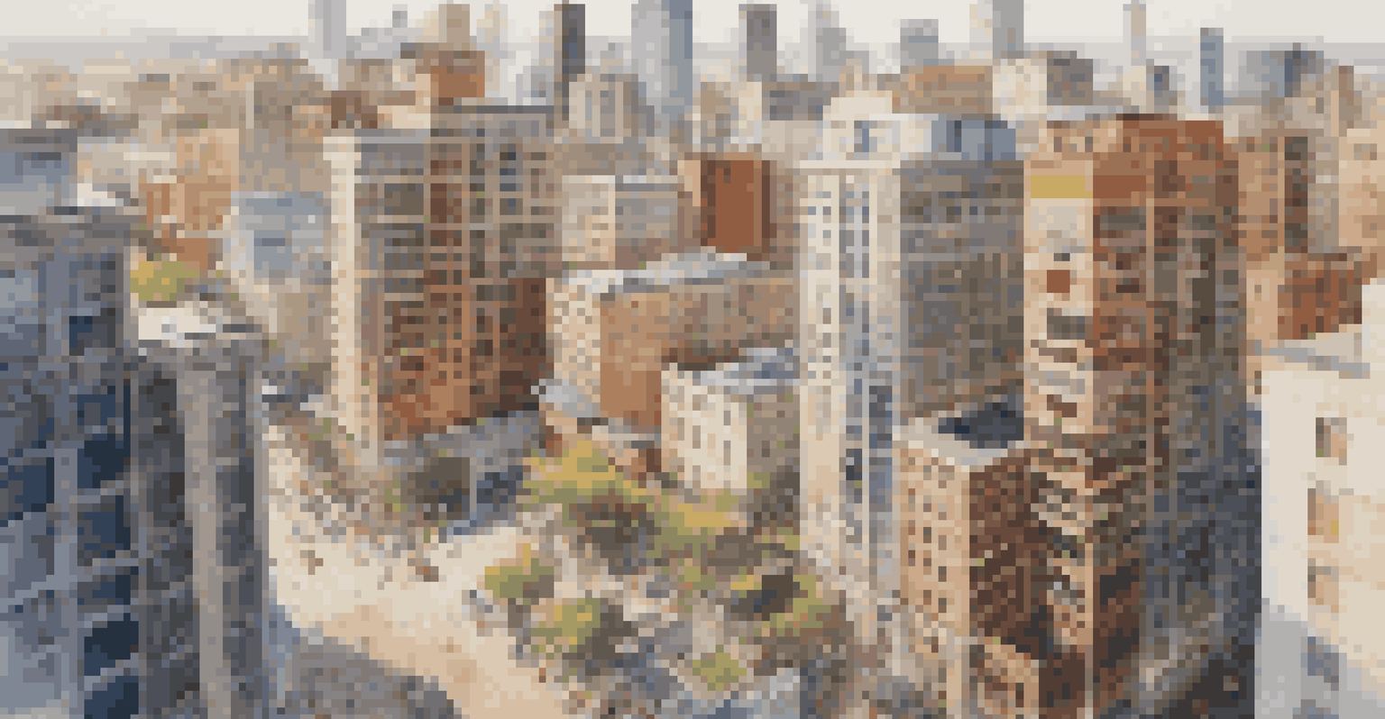 An overhead view of a cityscape with a mix of residential and commercial properties, construction cranes, and vibrant urban architecture.