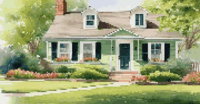 A beautiful home with a well-kept lawn and blooming flowers in spring, under warm sunlight.