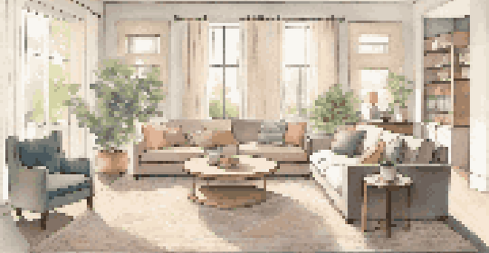 A warm and inviting living room designed for family comfort, showcasing a modular sofa and a round coffee table with soft edges, illuminated by natural light.