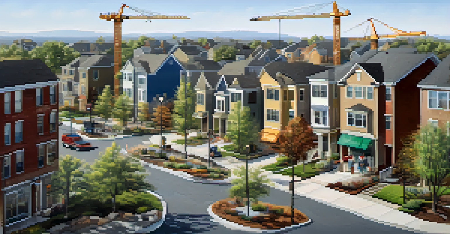 Aerial view of a developing neighborhood with construction cranes, new houses, and a park filled with families.
