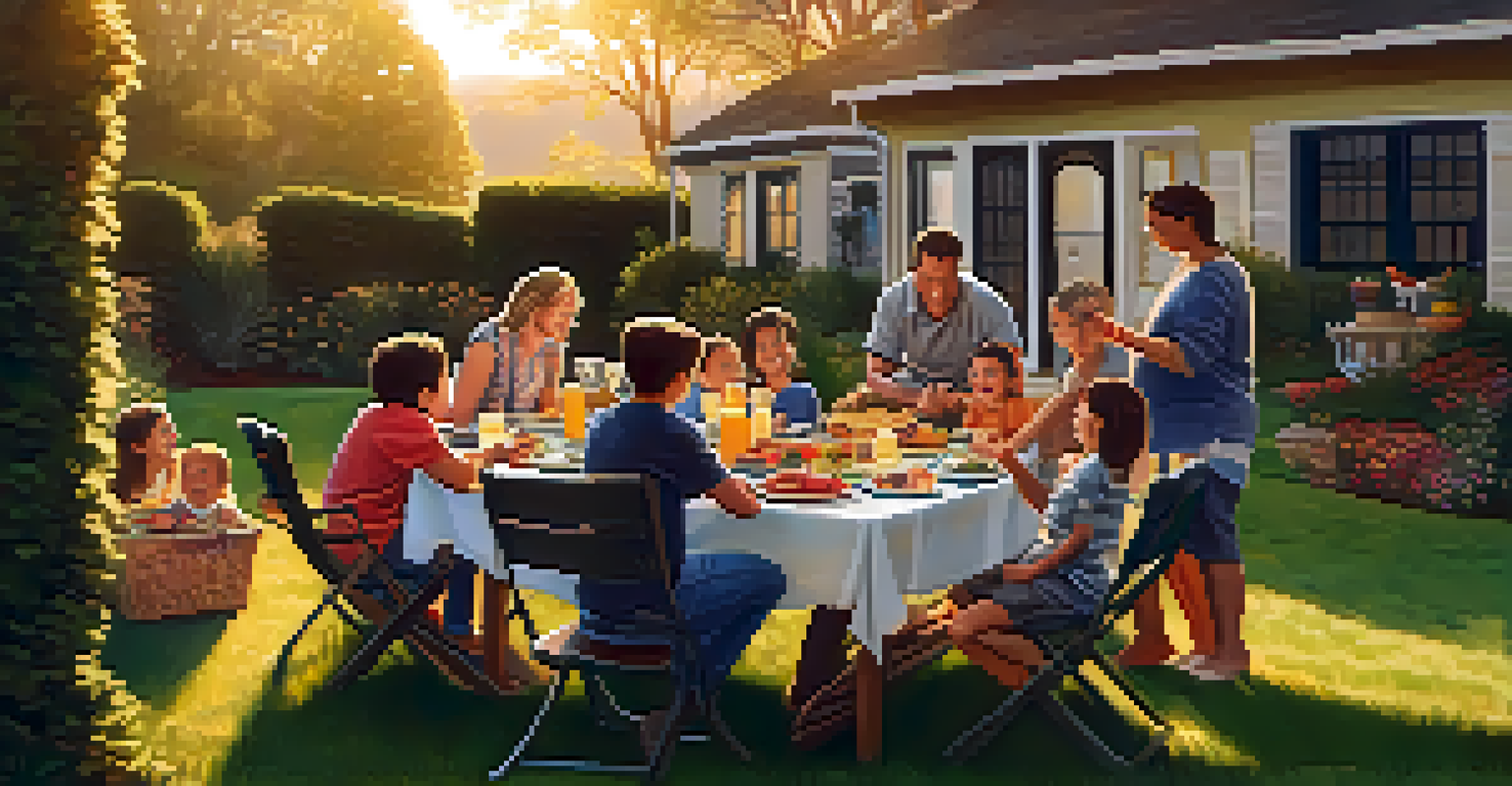A family reunion in a sunny backyard with a picnic setup, showing family members enjoying a meal and sharing stories.