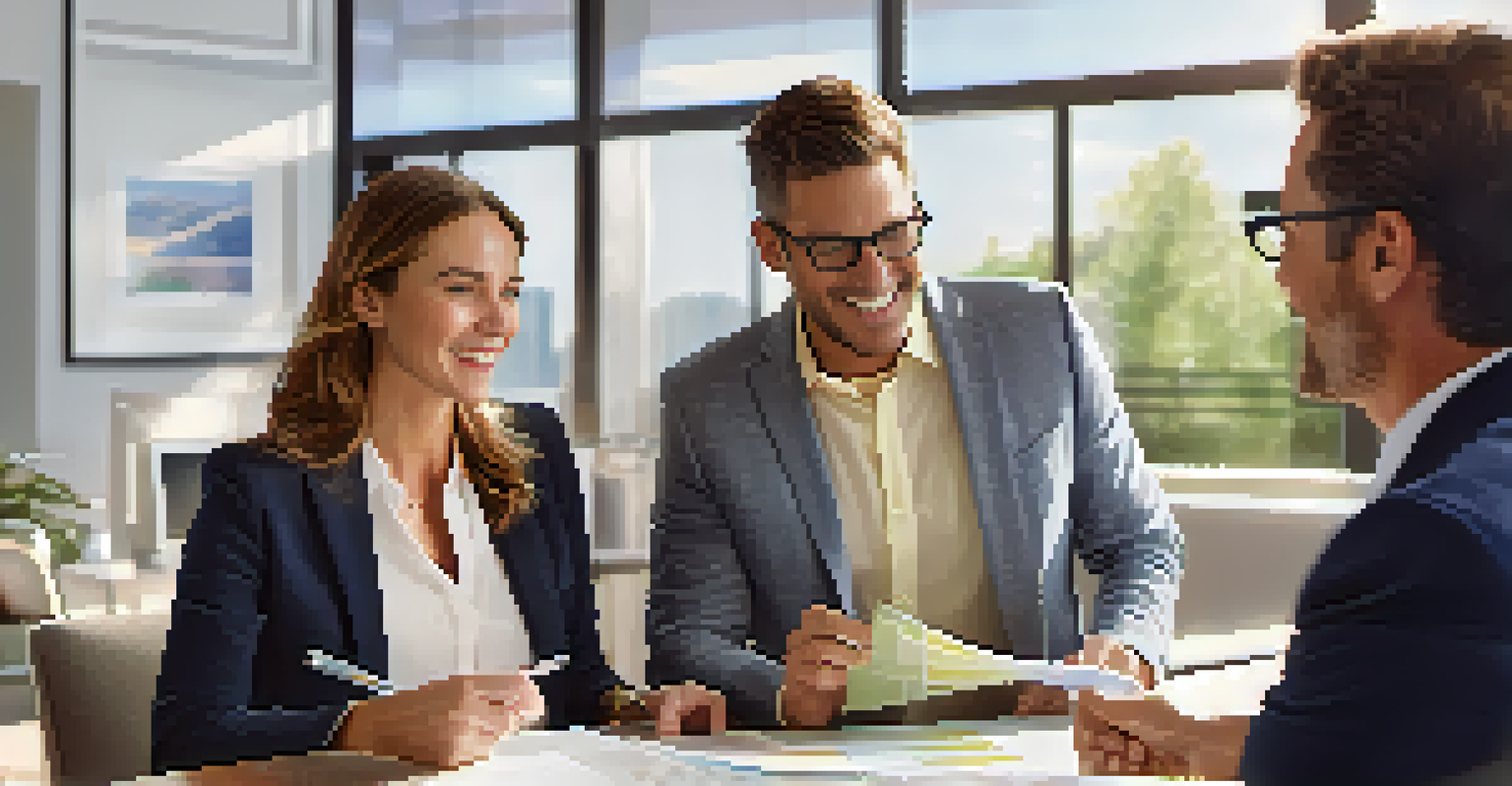 A real estate agent explaining closing costs to a couple in a bright office.