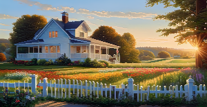 A scenic view of a farmhouse in a rural setting with green fields and a sunset sky.