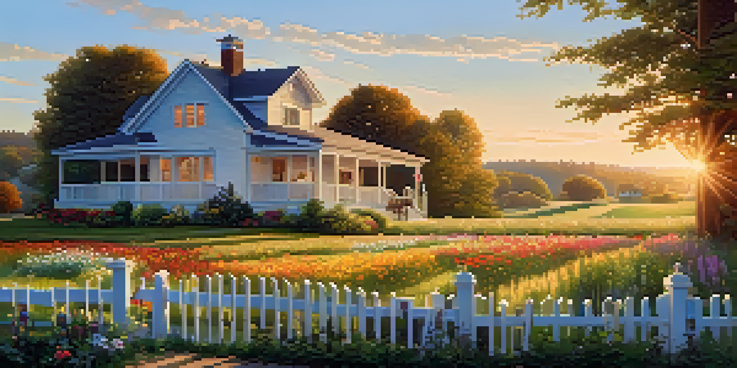 A scenic view of a farmhouse in a rural setting with green fields and a sunset sky.