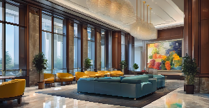 A laptop displaying a virtual tour of a hotel lobby, featuring interactive elements and vibrant colors.