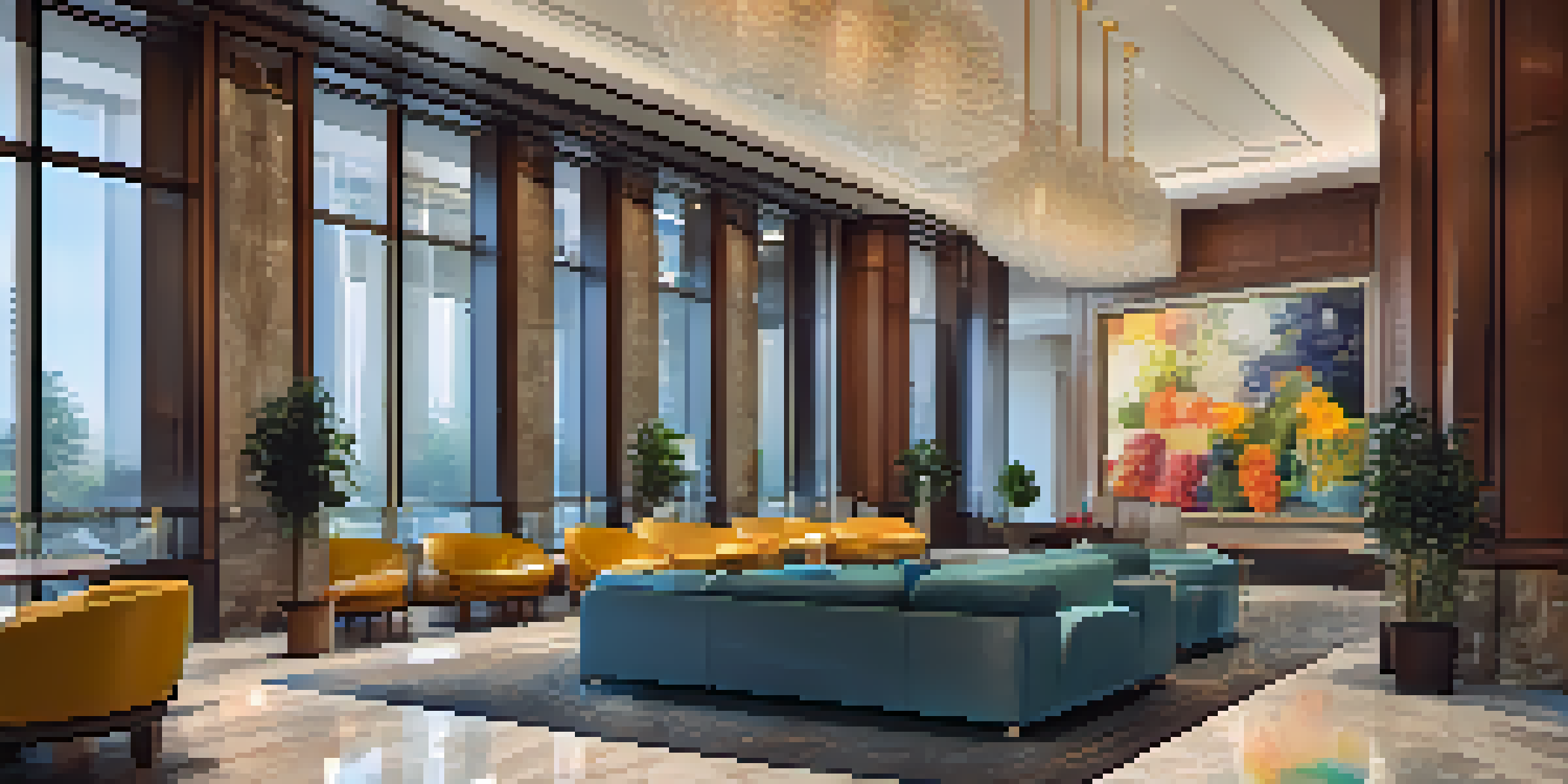 A laptop displaying a virtual tour of a hotel lobby, featuring interactive elements and vibrant colors.