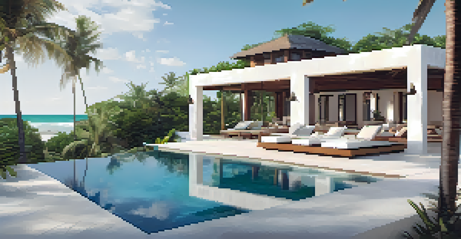 A luxurious coastal villa in Tulum with an infinity pool and tropical surroundings, capturing a serene beach atmosphere.