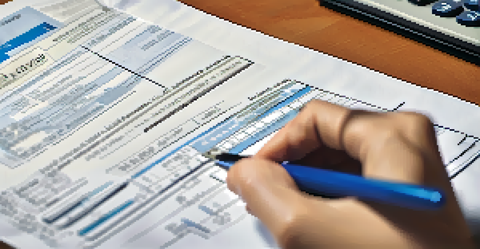 A hand reviewing a property tax assessment document with highlighted sections, a calculator and coffee cup blurred in the background.