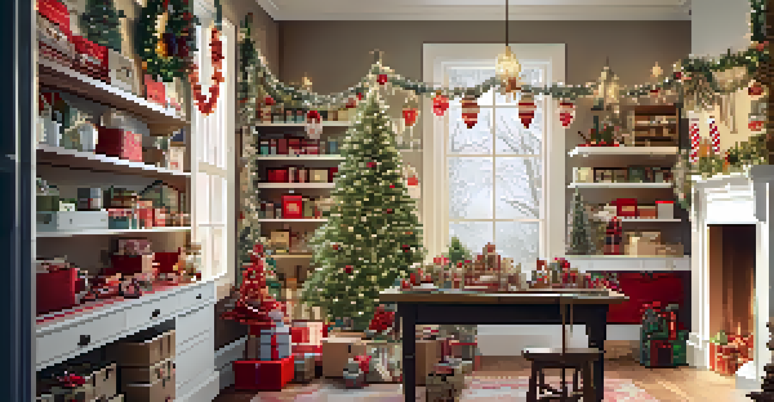 A cheerful Christmas craft room filled with holiday decorations, handmade ornaments, and warm lighting for a festive atmosphere.