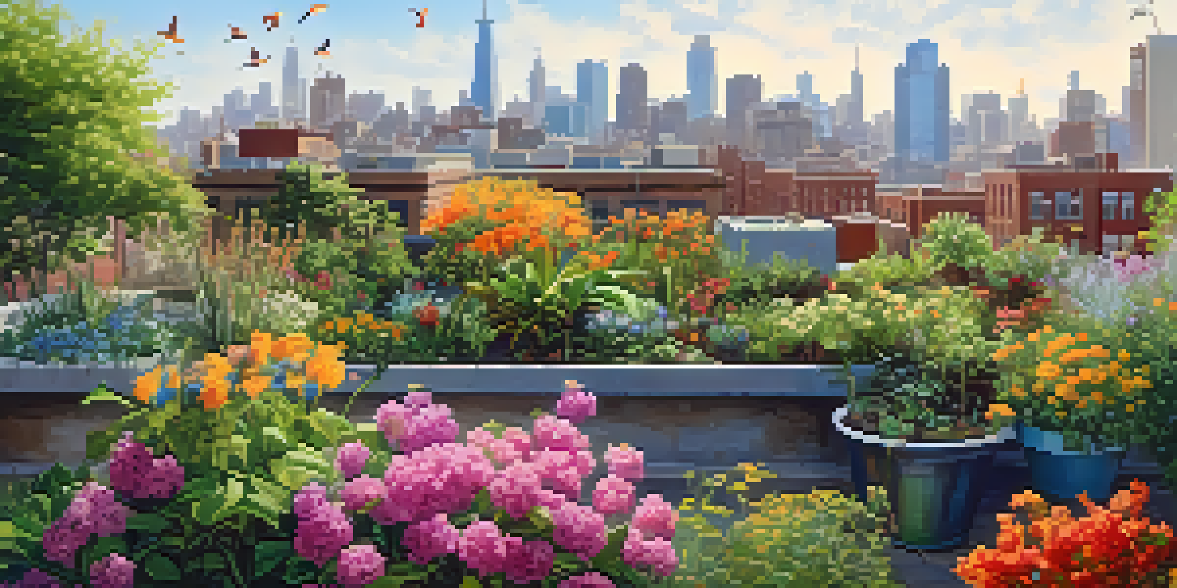 A green rooftop garden with various plants and flowers, set against a city skyline, under warm sunlight.