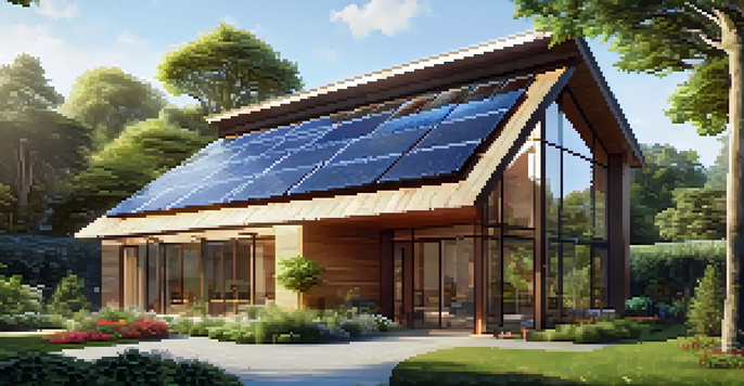 A modern energy-efficient building with solar panels, large windows, and a garden, surrounded by greenery under golden sunlight.