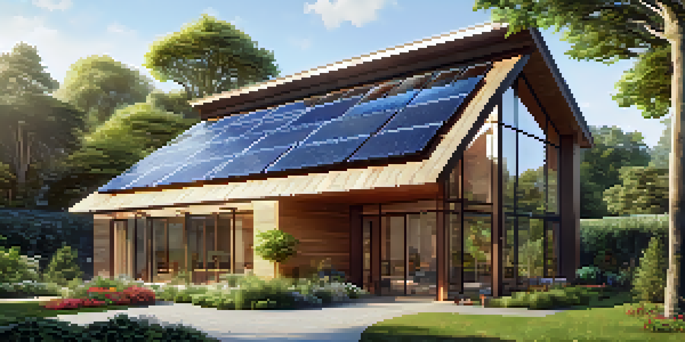 A modern energy-efficient building with solar panels, large windows, and a garden, surrounded by greenery under golden sunlight.