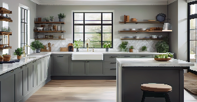 A modern kitchen with sleek countertops and stylish appliances, well-lit with natural light and decorated with potted herbs.