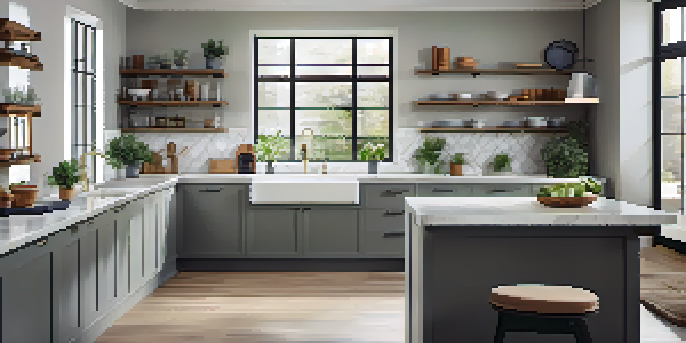 A modern kitchen with sleek countertops and stylish appliances, well-lit with natural light and decorated with potted herbs.