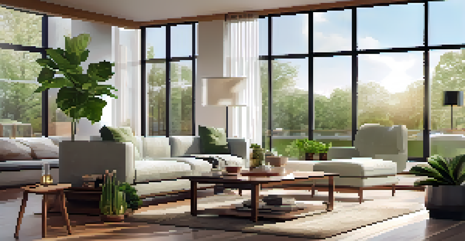 A cozy living room filled with natural light, featuring energy-efficient appliances, smart home technology, and visible solar panels through the window.
