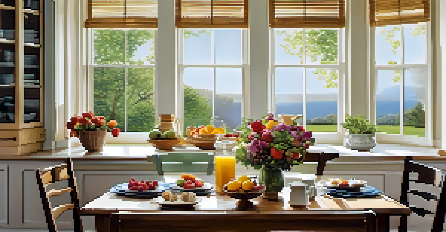 A bright kitchen with a wooden dining table set for breakfast, featuring fruit and a cup of coffee.