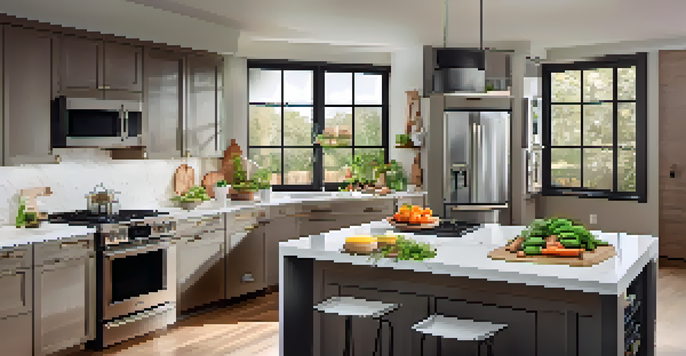 A bright modern kitchen showcasing energy-efficient smart appliances like a refrigerator, oven, and thermostat, with natural light and fresh ingredients on the counter.