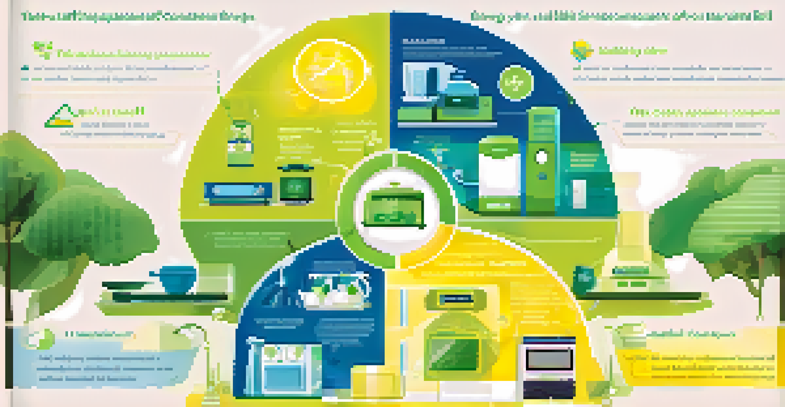 An infographic illustrating the benefits of energy-efficient appliances with icons for energy savings and environmental impact in a green and blue color palette.