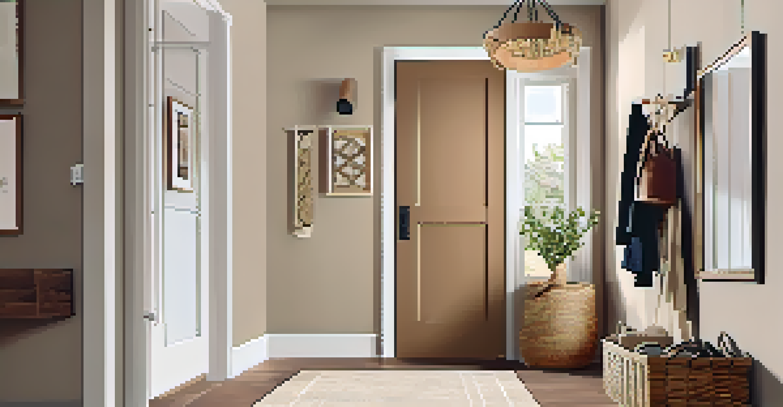 A functional entryway with a coat rack, decorative shoe basket, and wall-mounted mirror in earthy tones and warm lighting.